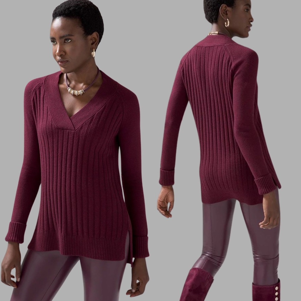 White House Black Market Long Sleeve Ribbed Tunic Burgundy cashmere blend Size 4